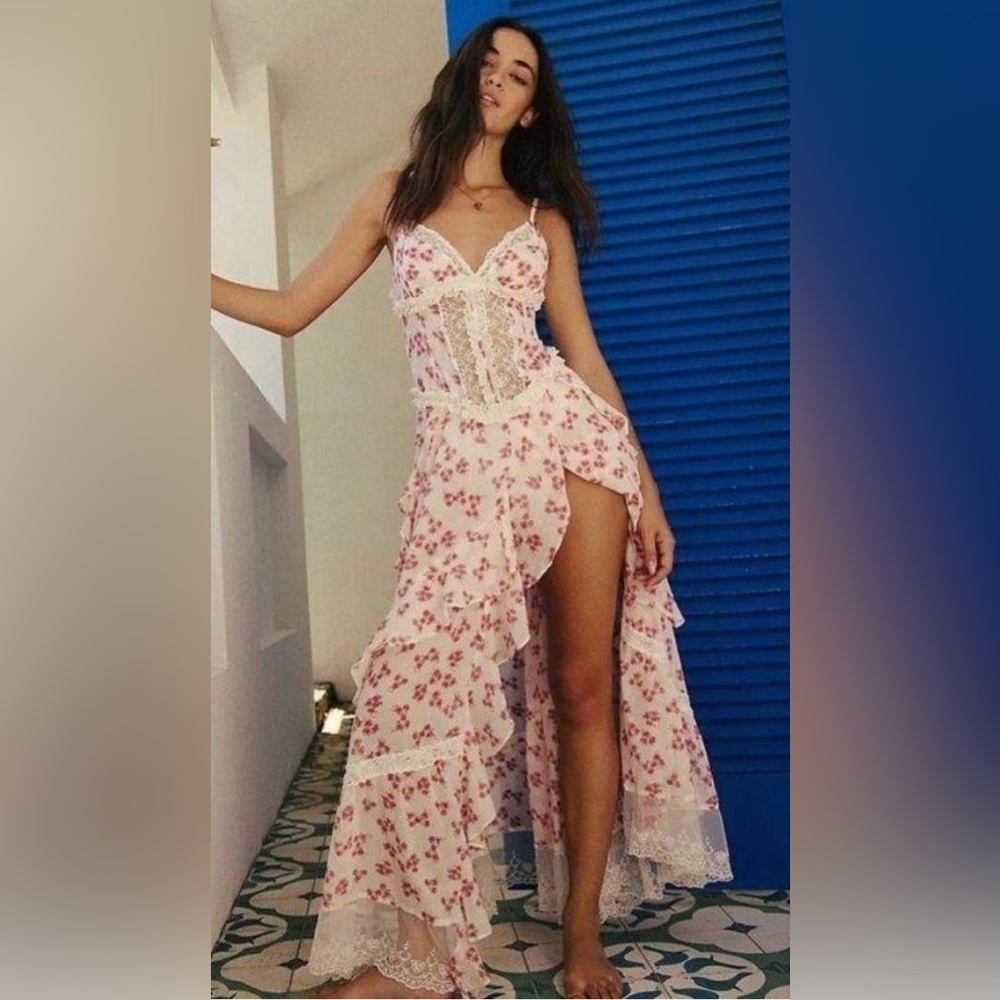 Free People Hearts Desire Bodysuit Maxi Dress True Ivory Combo NWT Size M